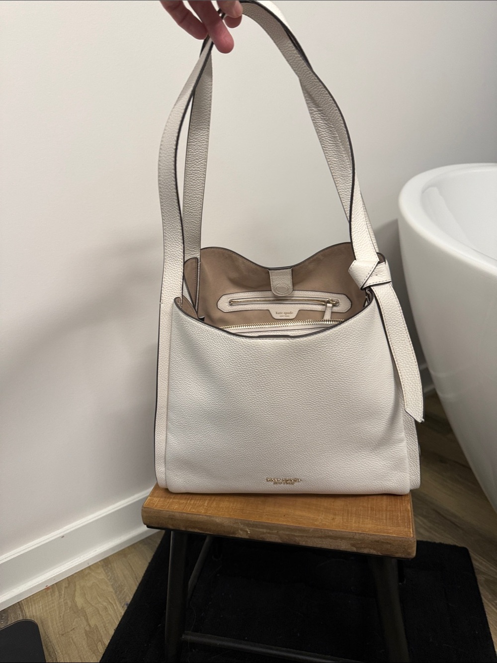 kate spade White Pebbled Leather Shoulder Bag with Tan Interior Trim
